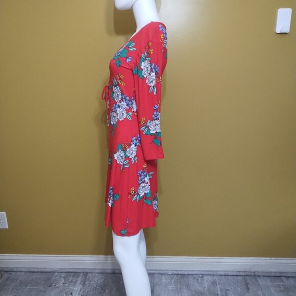 Bobbie Brooks Long Sleeve Floral Red A Line Dress S Boho Stretchy - Picture 3 of 6